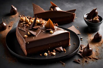 A delightful composition of a chocolate hazelnut mousse cake, adorned with hazelnut praline and...