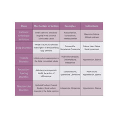 Table showing different classes of diuretic drugs - Thiazide, Loop, Carbonic anhydrase inhibitors and Potassium sparing diuretics - including examples, indicatrions and mechanism of action.