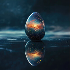 Ethereal Glass Egg Reflecting a Luminous Galaxy Amidst a Starlit Sky