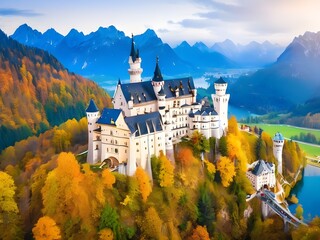 Beautiful aerial view of Neuschwanstein castle in autumn season. Palace situated in Bavaria, Germany. Neuschwanstein castle one of the most popular palace - obrazy, fototapety, plakaty