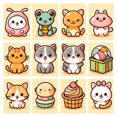Fototapeta premium TWELVE CUTE CARTOON ICON SET ILLUSTRATION VECTOR