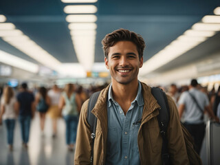 young man, tourist at the train station going on a trip, tourism, - obrazy, fototapety, plakaty