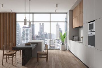Modern home kitchen interior with dining and cooking space, panoramic window
