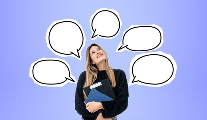 Pensive young woman student and speech bubbles