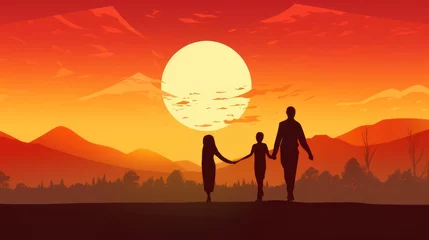 Fotobehang Vector illustration design of family togetherness at sunset © Muamanah