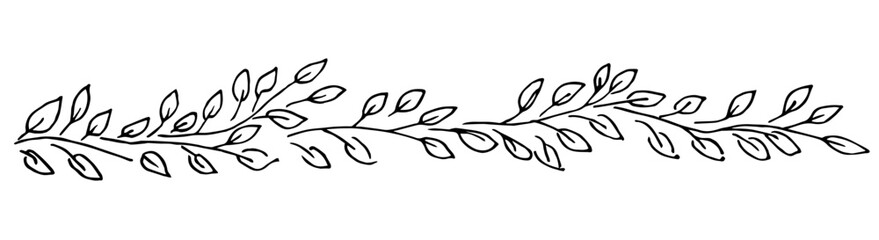 Long border, branches and leaves, spring foliage. Nature, eco products. Simple vector drawing with black outline. Garland, long banner. Sketch in ink. © MaxNadya