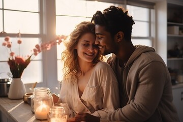 Interracial couple in love hugging tenderly in the kitchen under bright sunlight