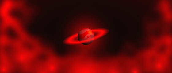 Vector wide space abstract futuristic banner. Muddy red glow. Planet in Saturn style with rings. Haze or fog. Background or wallpaper. Cosmic bloody nebula. © GAlexS