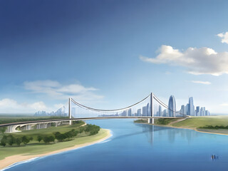 bridge over the river in a very clean and eco friendly city . Created using generative AI