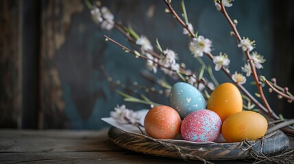 close up illustration of easter eggs on rustic table 