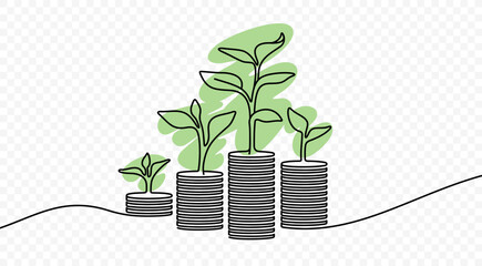 Continuous one line drawing of growing money vector design. Single line art illustration money and plant on transparent background - obrazy, fototapety, plakaty