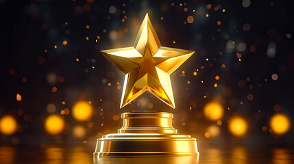 Gold star trophy on glittering festive background. Postproducted generative AI illustration. - obrazy, fototapety, plakaty