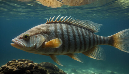 Underwater fish with its top fin sticking. AI generated - obrazy, fototapety, plakaty