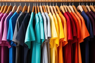 T shirts of bright colors hung on a hanger on a wooden rack in the order of colors similar to the rainbow