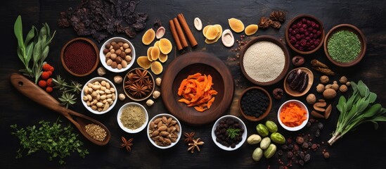 Natural and Chinese herbal remedies that treat irritable bowel syndrome, rich in antioxidants, protein, fiber, vitamins, minerals, carbs, and anthocyanins. Flat lay.