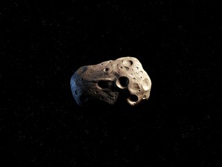 Asteroid in space isolated. Craters on the surface of a meteorite. Rocky asteroid on a black background. © Nazarii