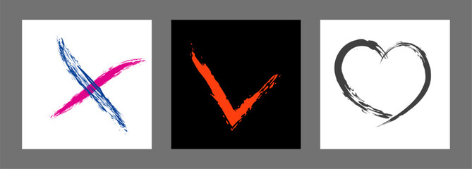 The cross, heart and OK symbol are hand-drawn with a brush. Prohibition, denial, error. Love. Approval, consent. Vector, set of 3 characters