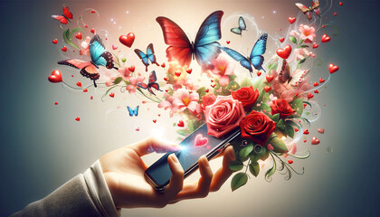 Smartphone Surrounded by Floating Butterflies, Roses, Hearts