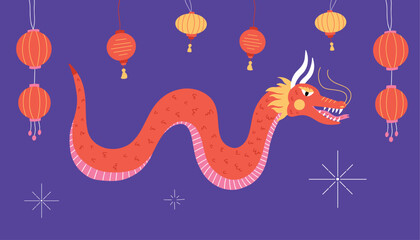 Year of the Dragon, Chinese Lunar New Year, cartoon vector illustration, Happy Vietnamese New Year banner design, paper lantern, parade, festival, asian  