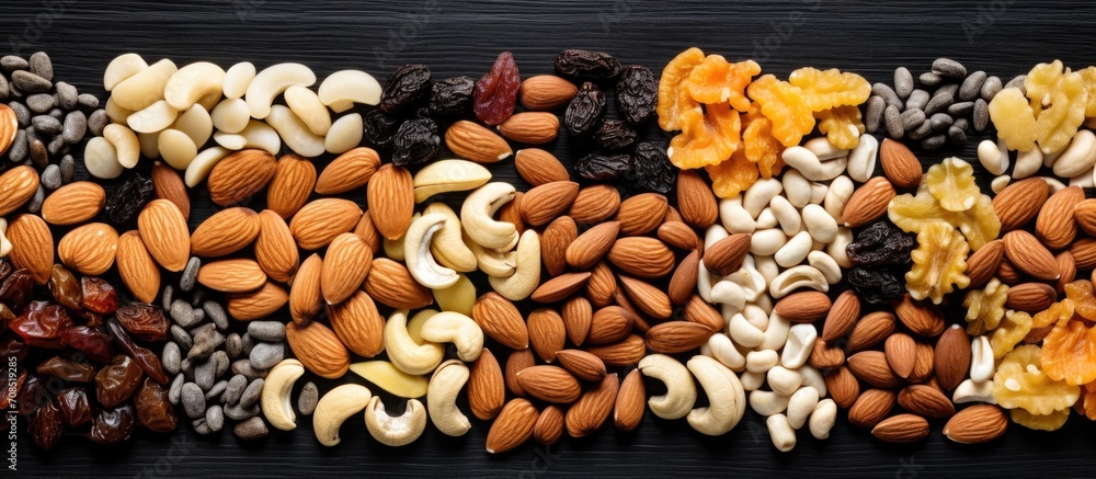 Poster mix of nuts and dried fruits with various types of nuts top view
