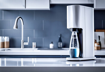Water carbonator in a modern kitchen. Concept of ecology, environment, savings and innovation.
