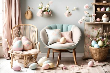 A cozy Easter reading corner with a vintage chair, pastel-colored cushions, and decorative eggs.