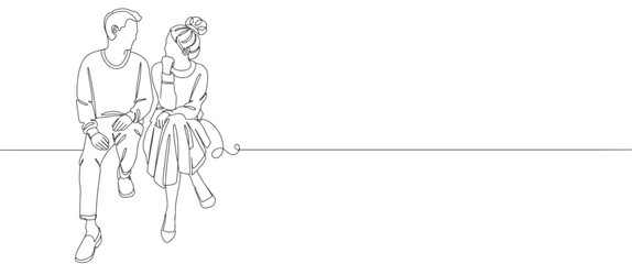 Illustration of happy couple in line art drawing style. Love and friendship black linear sketch isolated on white background. Vector illustration