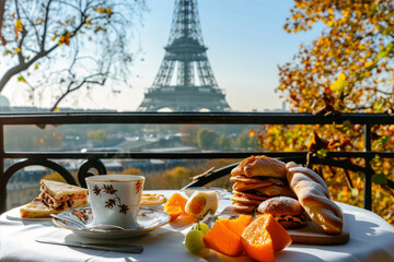 Eiffel tower and breakfast on the terrace in Paris, France