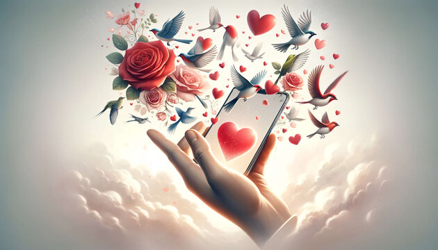 Hand with Phone and Floating Birds, Roses, Hearts