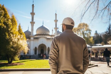 Rear view of a man in a baseball cap and brown jacket near a mosque in a park