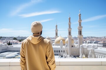 Rear view of a tourist looking at a large mosque with an ancient city in the background
