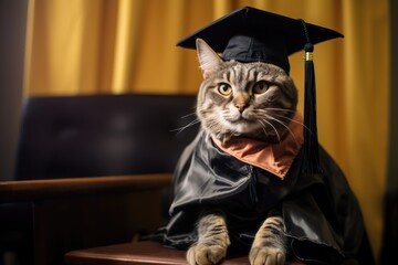 A cat with a student's cap on graduation. Celebration of educational milestones. - obrazy, fototapety, plakaty