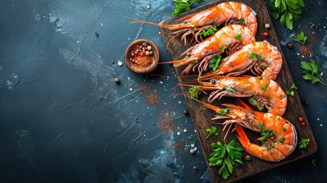 shrimps raw gambas seafood prawn healthy meal food snack on the table copy space food background rustic top view