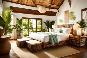 A tropical-themed bedroom with bamboo sheets, evoking a sense of island tranquility.