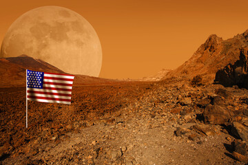 Desert planet with arid landscape background with USA flag. Elements of this image furnished by...