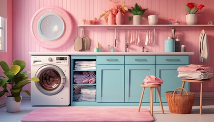Washer and Dryer in Room With Pink Walls