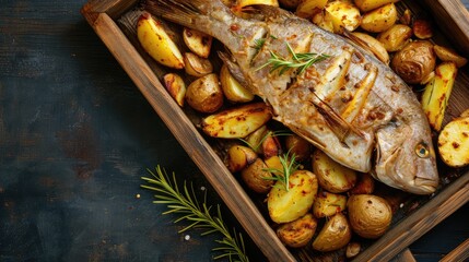 Roasted fish and potatoes, served on wooden tray. overhead, horizontal, copy space