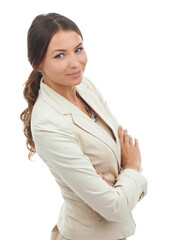 Business, crossed arms and portrait of woman on a white background with pride, confidence and ambition. Professional, corporate worker and isolated person for career, job and opportunity in studio