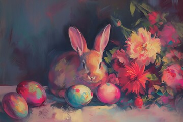 Easter print with Easter bunny flowers and eggs close up in dark vibrant colors