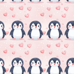 Fototapeta premium Cute penguins in love seamless pattern. Gift wrapping, wallpaper, background. Wedding or Valentine's day concept