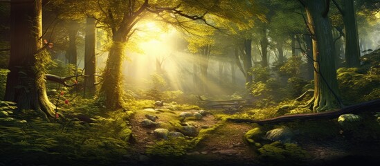 Magical forest with sunlight filtering through trees, perfect for fairy tales, nature retreats, or meditation visuals. - obrazy, fototapety, plakaty
