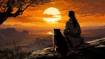 Atop a mountain, a woman and her wolf witness the sunset. - obrazy, fototapety, plakaty