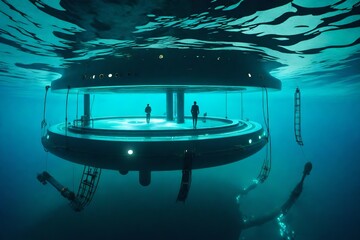 A submersible residence exploring the ocean's depths, equipped with powerful lights to reveal the wonders of the abyss.