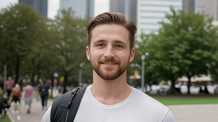 Fototapeta premium Portrait of a caucasian sporty male outdoor, confident smile. Blurred park and people in background. Lifestyle concept