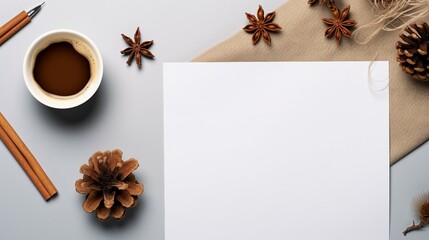 Stylish Workspace Composition with Coffee Break Essentials on a Grey Background - Modern Office Supplies and Seasonal Decor for Cozy Business Atmosphere