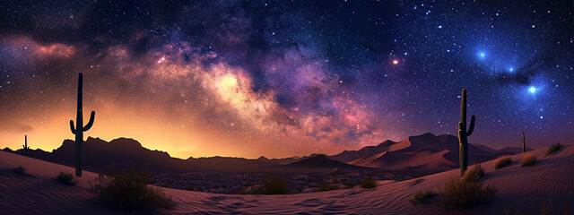 A wide landscape of desert under a starlit night sky. Night landscape of desert with sky full of stars Generated by ai