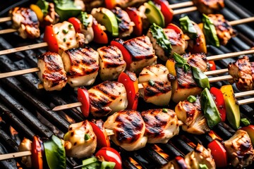 A close-up of a grilling pan with marinated chicken skewers, showcasing grill marks and juicy tenderness. - obrazy, fototapety, plakaty
