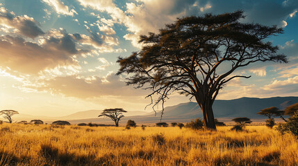 Wide savanna landscape with acacia trees.