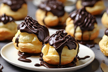 Gourmet delight. Cream puffs elegantly drizzled with luscious chocolate ganache. A tempting treat for dessert-themed projects.