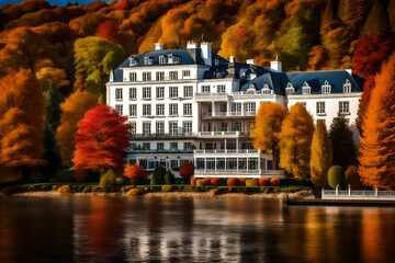 An elegant riverside hotel surrounded by vibrant autumn foliage, the river calmly flowing beside it under a clear blue sky. - Powered by Adobe